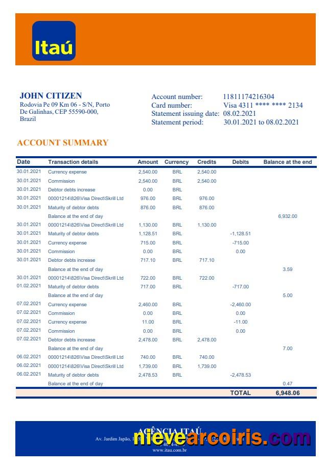 Brazil Itau bank statement in Excel and PDF format